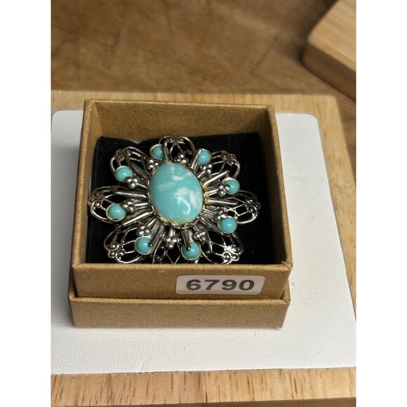 Vintage Silver Filigree Floral Brooch With Turquoise Cabochons - Picture 2 of 7